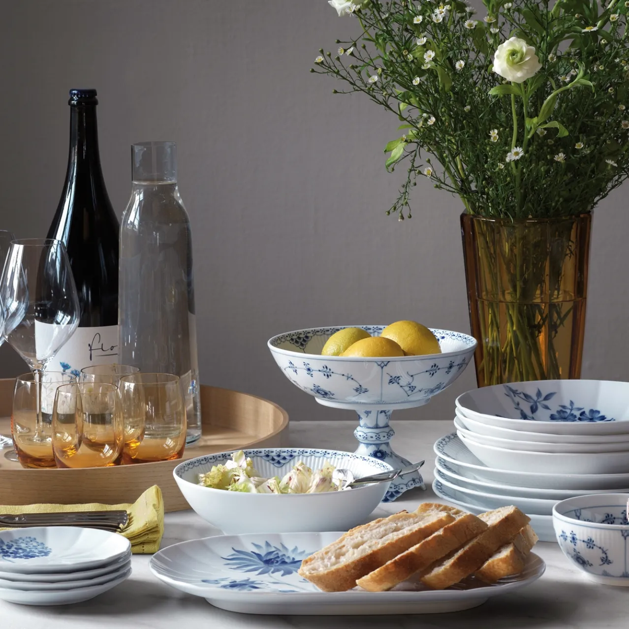 Blue Fluted Half Lace Bowl on High Foot, 80 cl