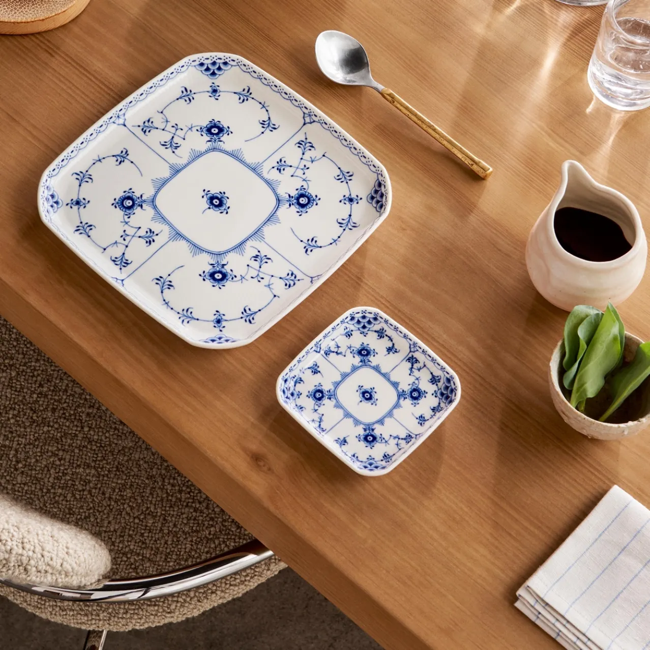 Blue Fluted Half Lace Square Assiette, 10.5 cm