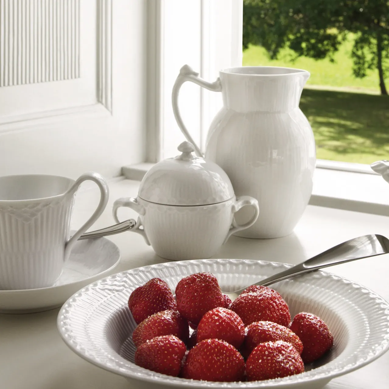 White Fluted Half Lace High Handle Cup and Saucer, 24 cl